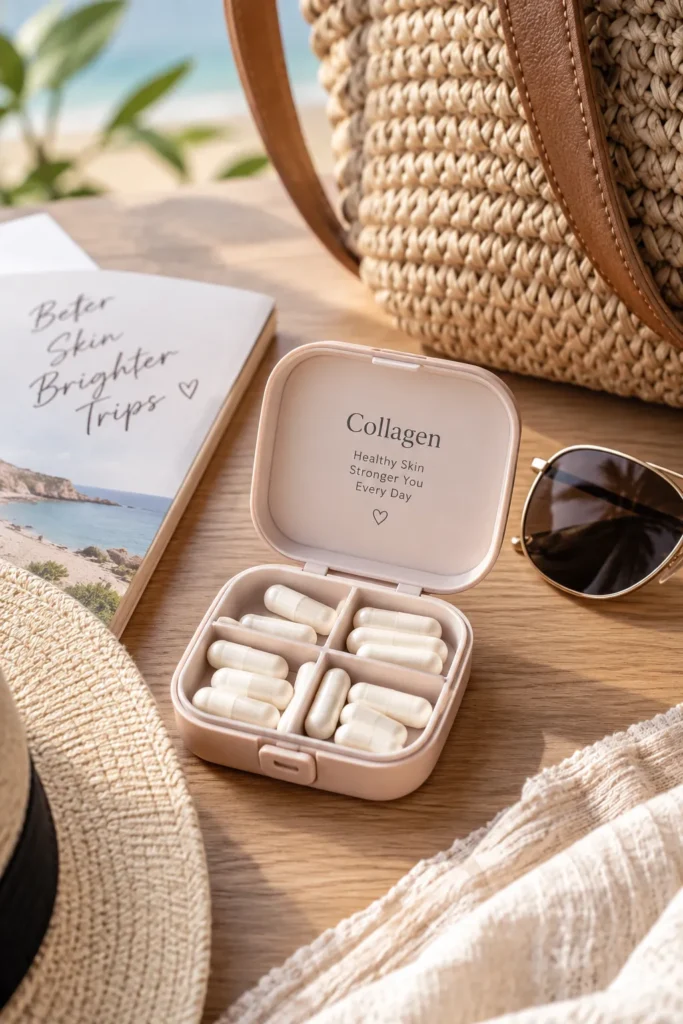 10 Collagen Supplements for Glowing Skin and Hair 4 Travel pill case with collagen capsules next to a tote bag