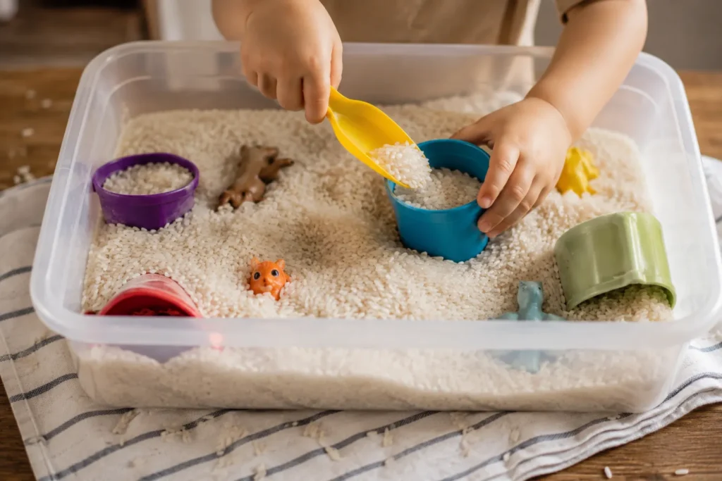 10 Play Time Ideas to Keep Kids Busy and Happy 4 Rice sensory bin activity with scoops and hidden toys for toddlers
