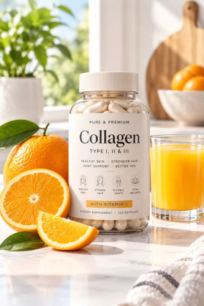10 Collagen Supplements for Glowing Skin and Hair 6 Collagen supplement bottle beside fresh orange slices and orange juice