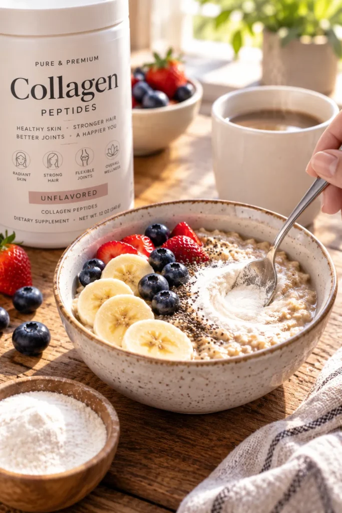 10 Collagen Supplements for Glowing Skin and Hair 8 Bowl of oatmeal with unflavored collagen powder stirred in, topped with fruit