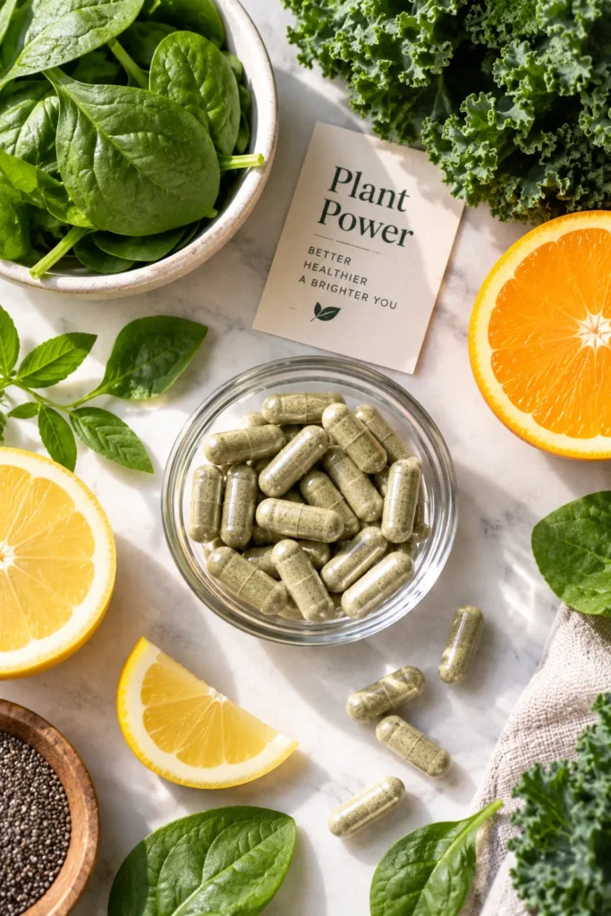 10 Collagen Supplements for Glowing Skin and Hair 10 Plant based supplement capsules with leafy greens and citrus fruit
