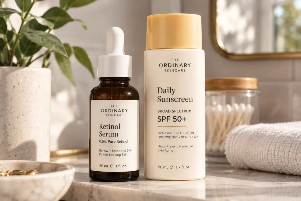 10 UV Rays Facts You Need to Know for Healthy Skin 10 Retinol skincare product placed next to a daily sunscreen