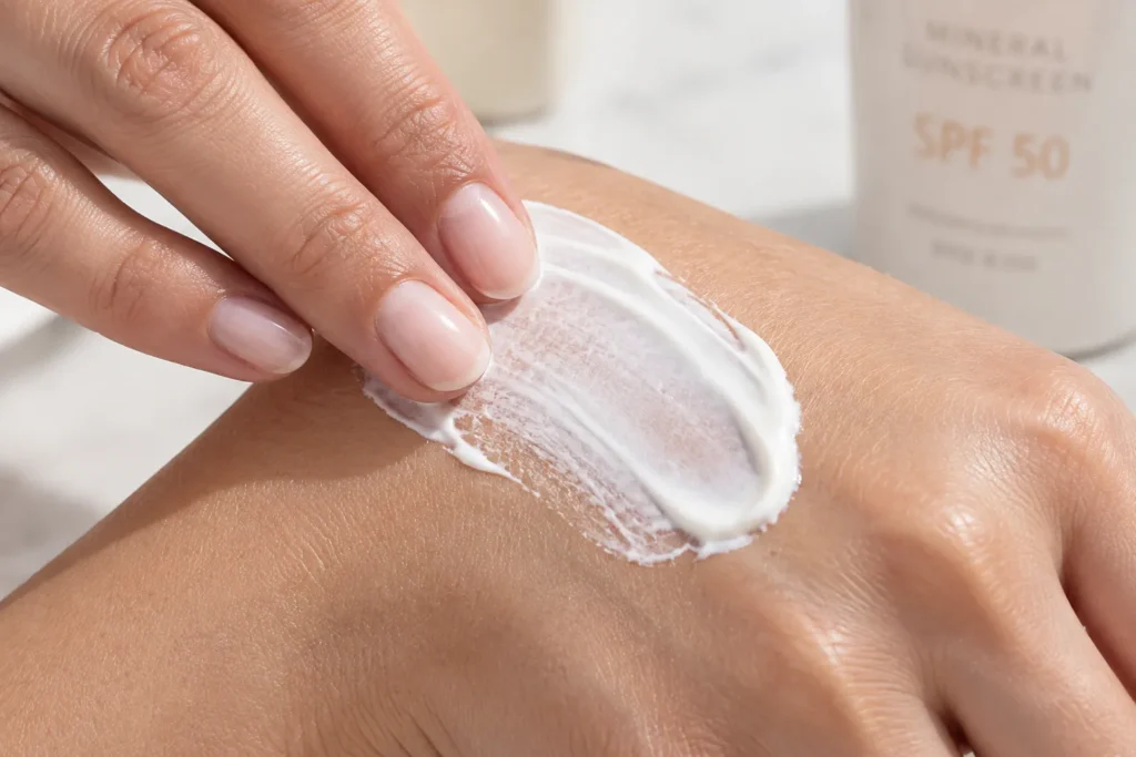 12 Mineral Sunscreen Benefits Your Skin Will Love Today 2 Hand applying white mineral sunscreen lotion on the back of the other hand
