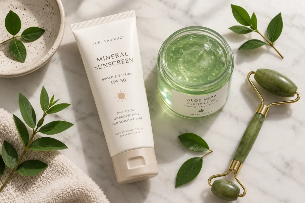12 Mineral Sunscreen Benefits Your Skin Will Love Today 4 Flat lay of mineral sunscreen tube with soothing skin care products