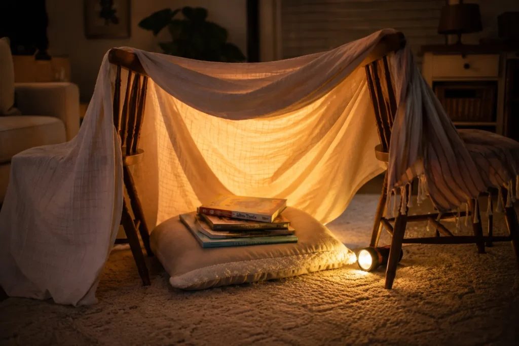 10 Play Time Ideas to Keep Kids Busy and Happy 6 Cozy blanket fort reading corner with flashlight and children's books