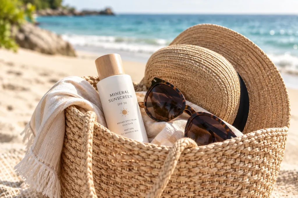 12 Mineral Sunscreen Benefits Your Skin Will Love Today 6 Beach bag with mineral sunscreen, sunglasses, and a wide brim hat
