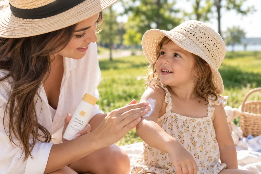 12 Mineral Sunscreen Benefits Your Skin Will Love Today 8 Parent applying sunscreen to a toddler at a park