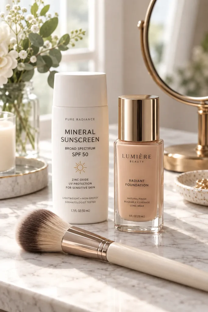 12 Mineral Sunscreen Benefits Your Skin Will Love Today 12 Makeup vanity with mineral sunscreen next to foundation and makeup brush