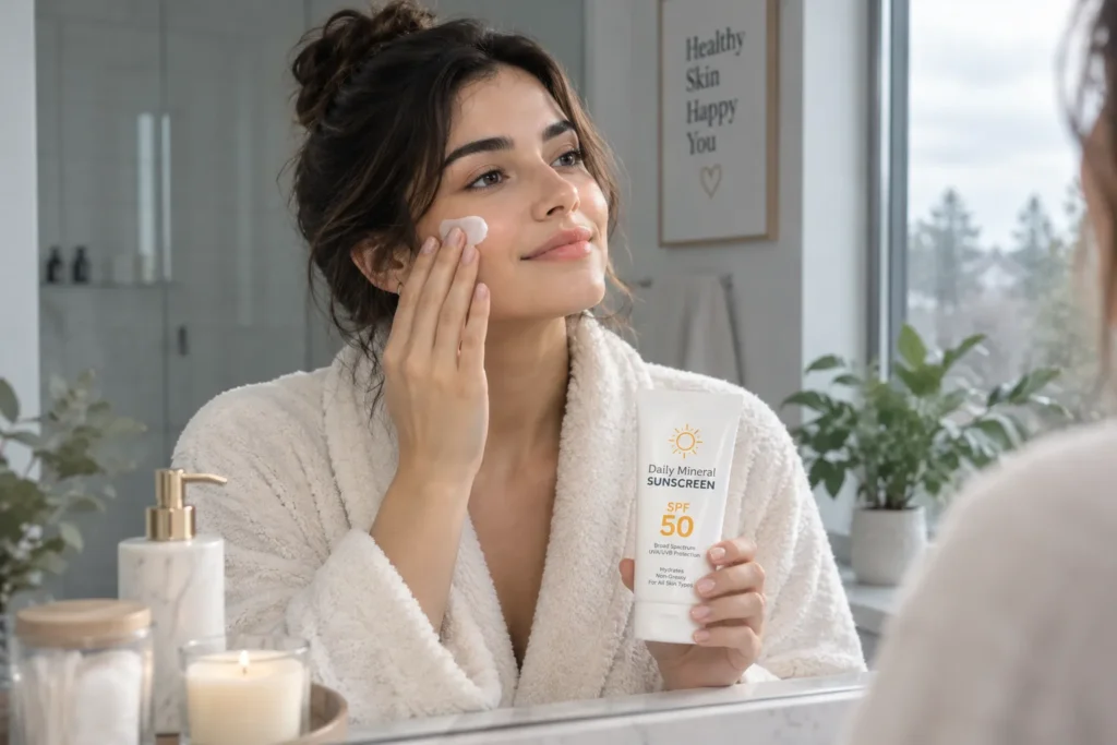 10 UV Protection Mistakes That Could Harm Your Skin 2 Woman applying sunscreen at bathroom mirror on a cloudy morning