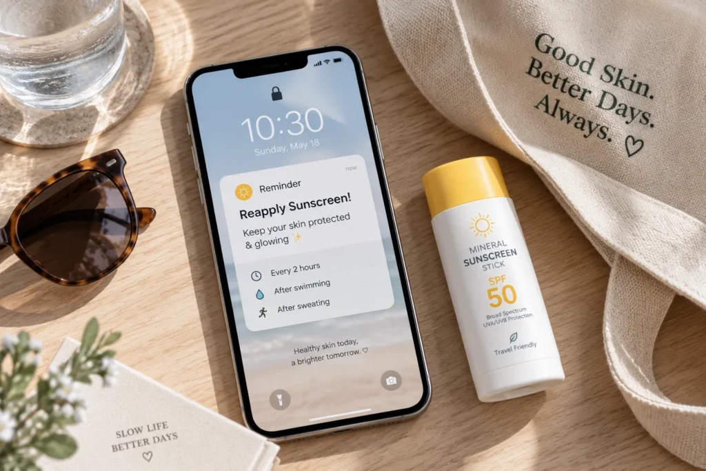 10 UV Protection Mistakes That Could Harm Your Skin 4 Phone reminder to reapply sunscreen next to travel sunscreen stick