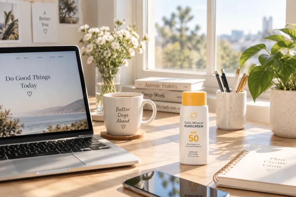 10 UV Protection Mistakes That Could Harm Your Skin 8 Home office desk near a sunny window with sunscreen bottle on the desk