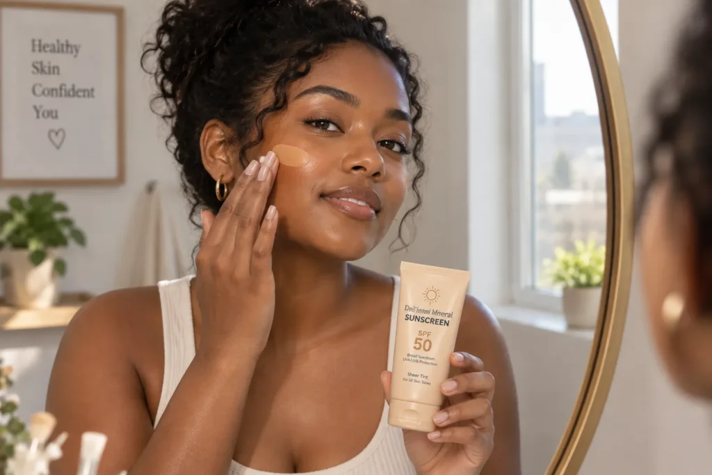 10 UV Protection Mistakes That Could Harm Your Skin 10 Tinted mineral sunscreen blending into deeper skin tone with no white cast
