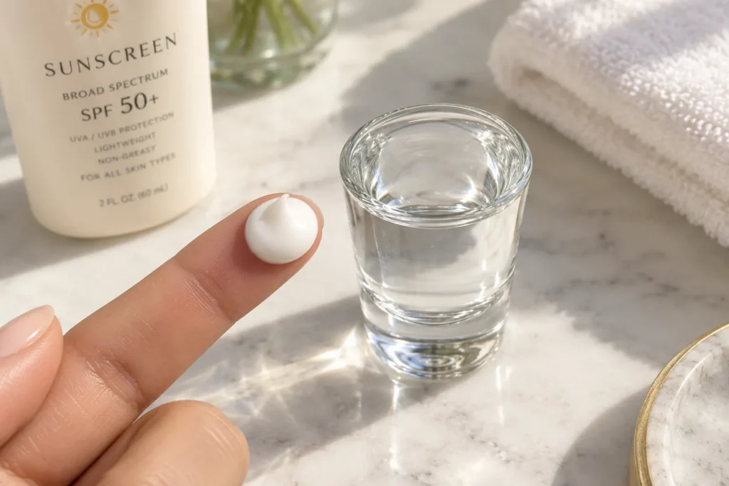 10 Sunscreen Mistakes That Could Harm Your Skin 3 Nickel sized amount of sunscreen compared to a shot glass to show correct application amounts