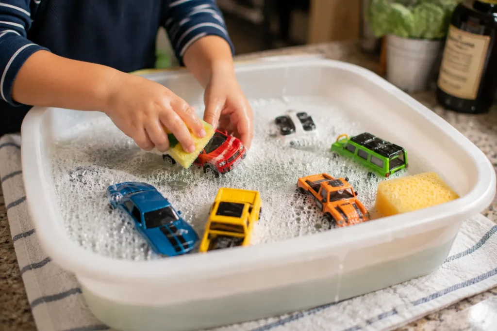 10 Play Time Ideas to Keep Kids Busy and Happy 8 DIY toy car wash activity with soapy water and a sponge