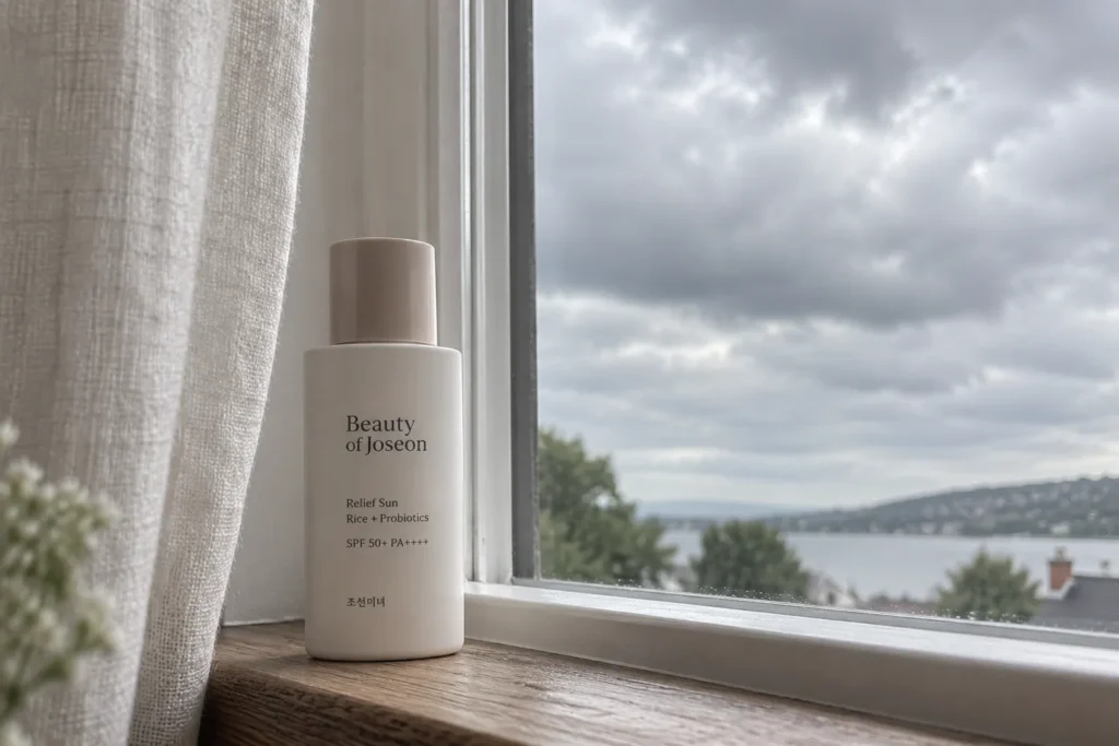 10 Sunscreen Mistakes That Could Harm Your Skin 5 Cloudy sky with a bottle of sunscreen on a windowsill, showing sunscreen is needed even without sun