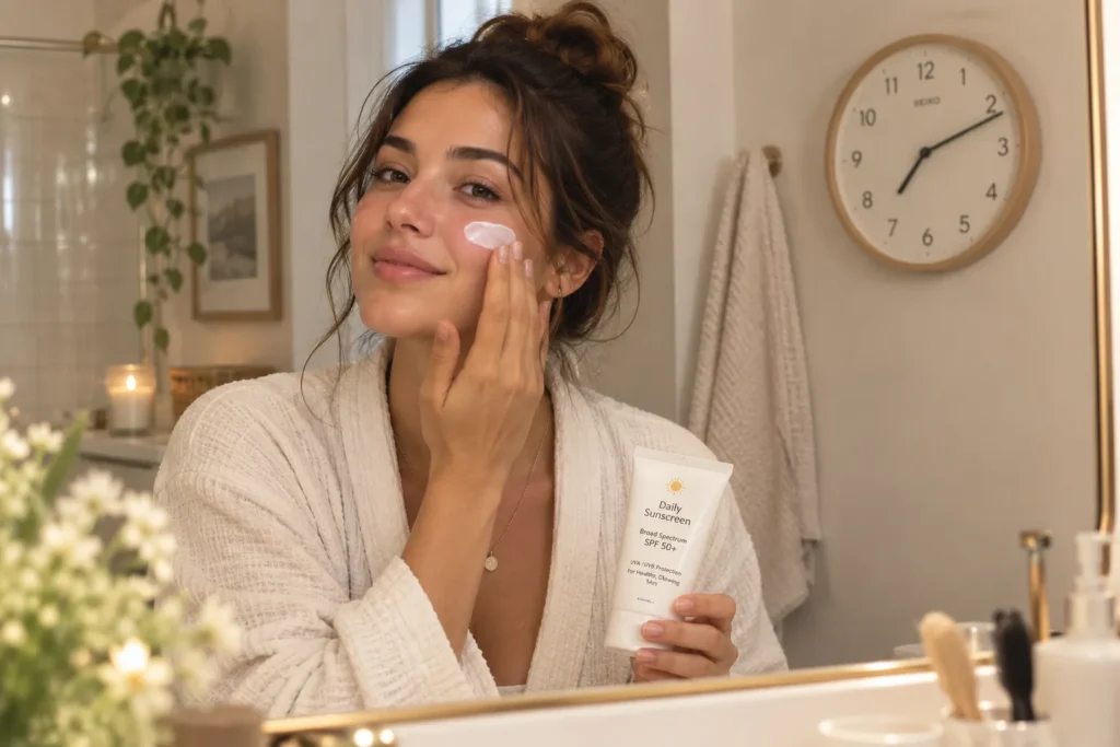 10 Sunscreen Mistakes That Could Harm Your Skin 7 Person applying sunscreen at a bathroom counter before getting dressed in the morning
