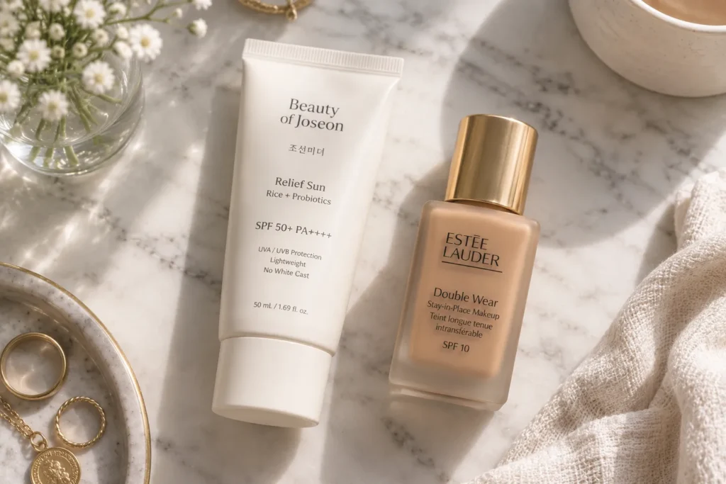 10 Sunscreen Mistakes That Could Harm Your Skin 9 Sunscreen tube next to a tinted foundation bottle showing separate skin care steps