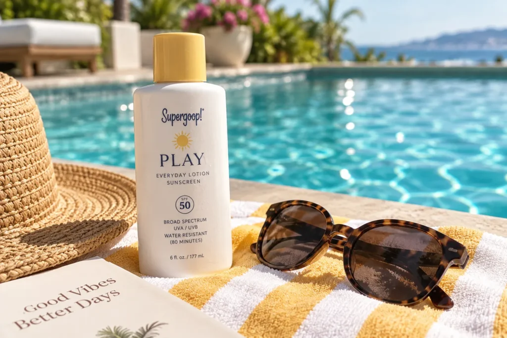 10 Sunscreen Mistakes That Could Harm Your Skin 11 Sunscreen bottle on a pool towel next to sunglasses for poolside reapplication