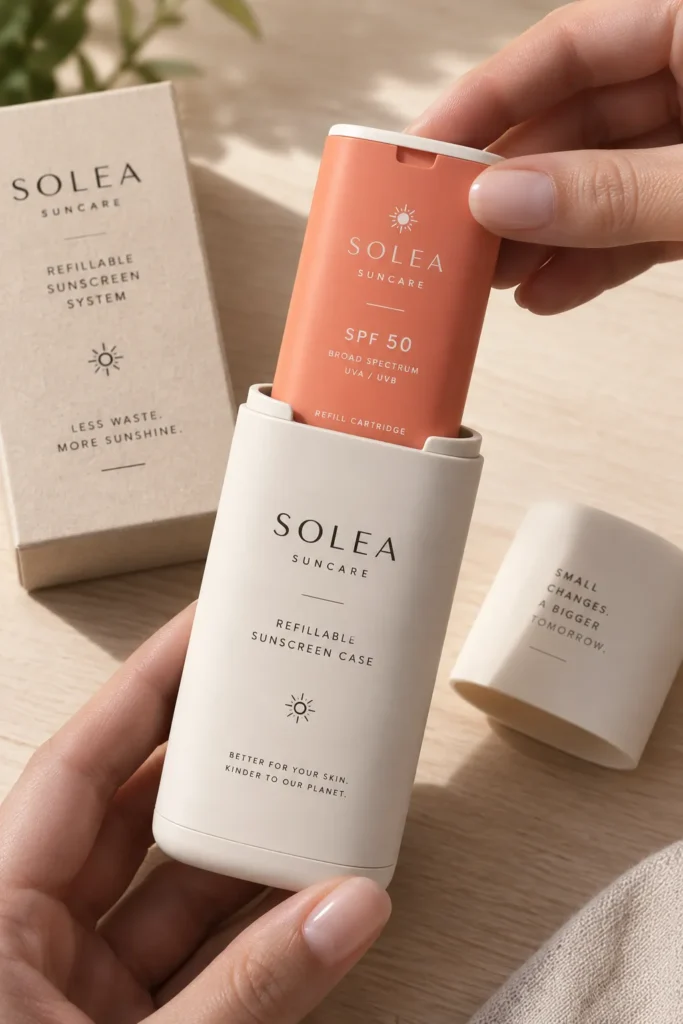 11 Sunscreen Packaging Design Ideas for Modern Brands 4 Refillable sunscreen case with cartridge insert for eco-friendly packaging