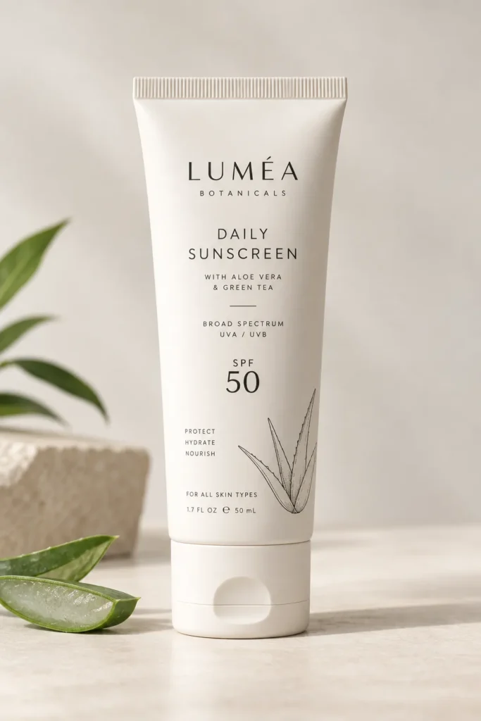 11 Sunscreen Packaging Design Ideas for Modern Brands 8 Sunscreen tube with small line-drawn aloe leaf illustration