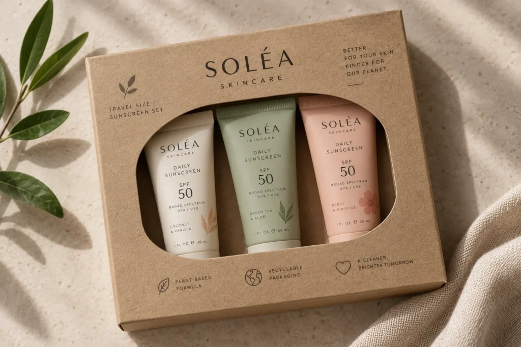 11 Sunscreen Packaging Design Ideas for Modern Brands 10 Travel size sunscreen multi-pack with die-cut window box