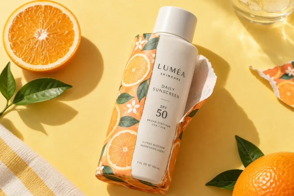 11 Sunscreen Packaging Design Ideas for Modern Brands 12 Sunscreen bottle with removable citrus colored seasonal wrap