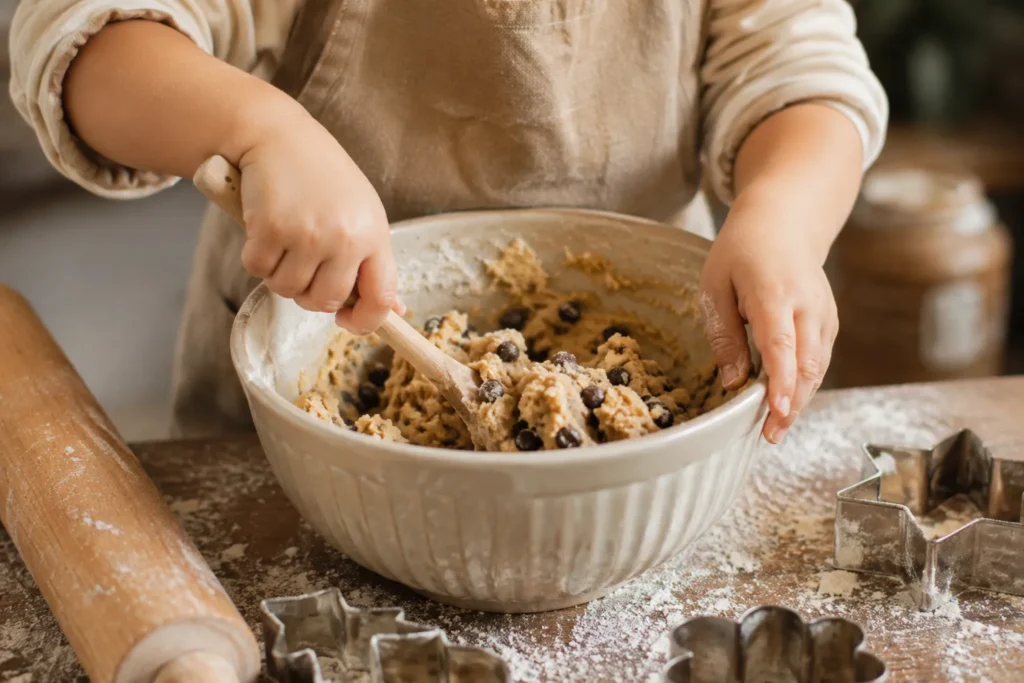 10 Play Time Ideas to Keep Kids Busy and Happy 10 Child stirring cookie dough in a bowl on a flour dusted counter