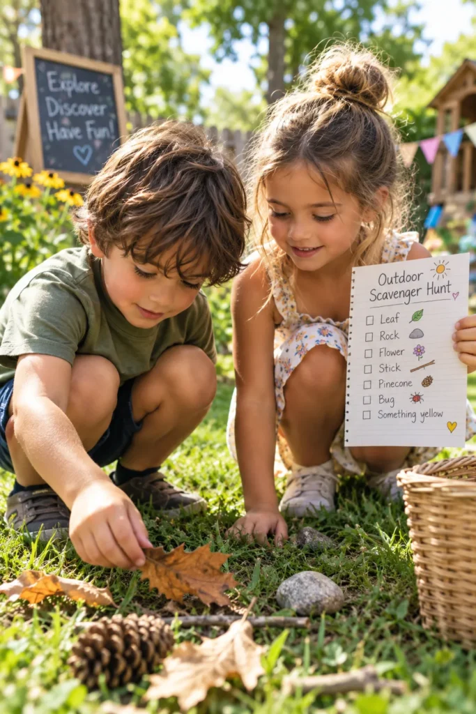12 Outdoor Fun Activities Everyone Will Love 2 Kids searching for items during a backyard scavenger hunt