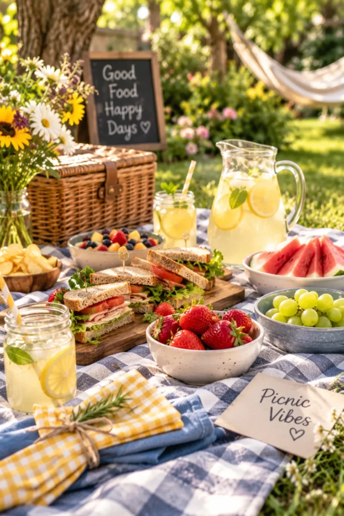 12 Outdoor Fun Activities Everyone Will Love 4 Family picnic blanket with sandwiches and fruit in a backyard
