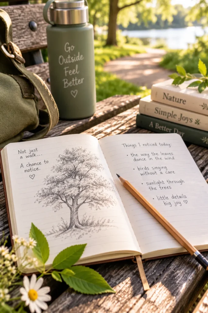 12 Outdoor Fun Activities Everyone Will Love 6 Nature journal with a pencil sketch resting on a park bench