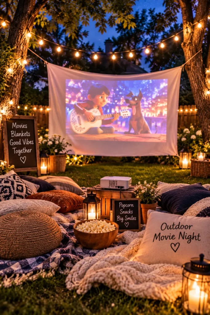 12 Outdoor Fun Activities Everyone Will Love 12 Outdoor movie night with a sheet screen and string lights