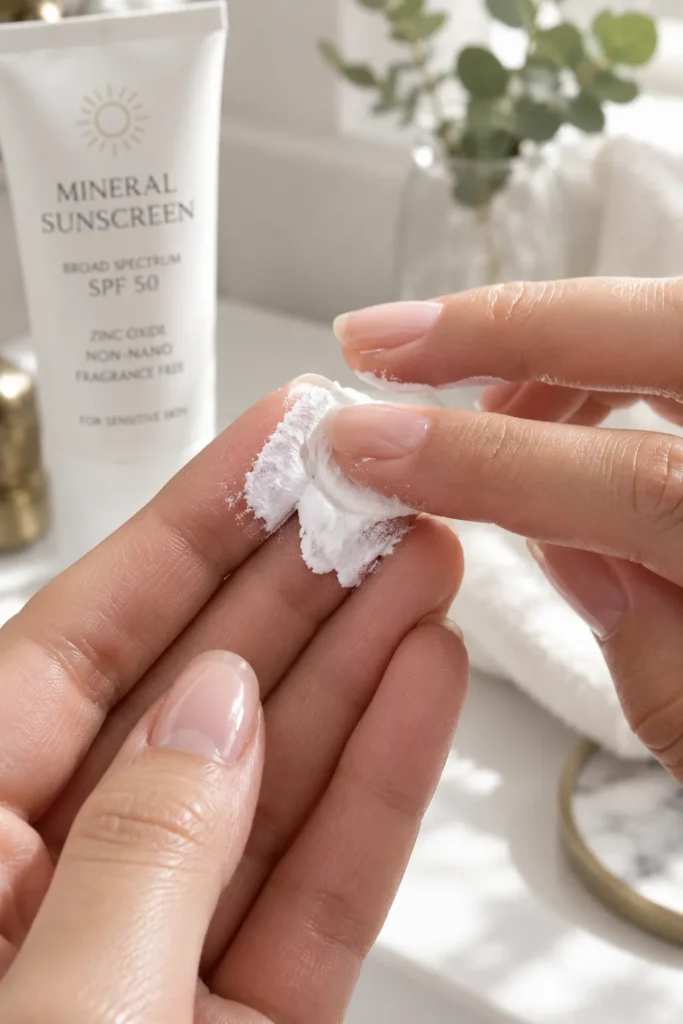 10 Physical Sunscreen Tips for Better Daily Skin Protection 3 Close up of fingertips warming mineral sunscreen before applying it to the face"