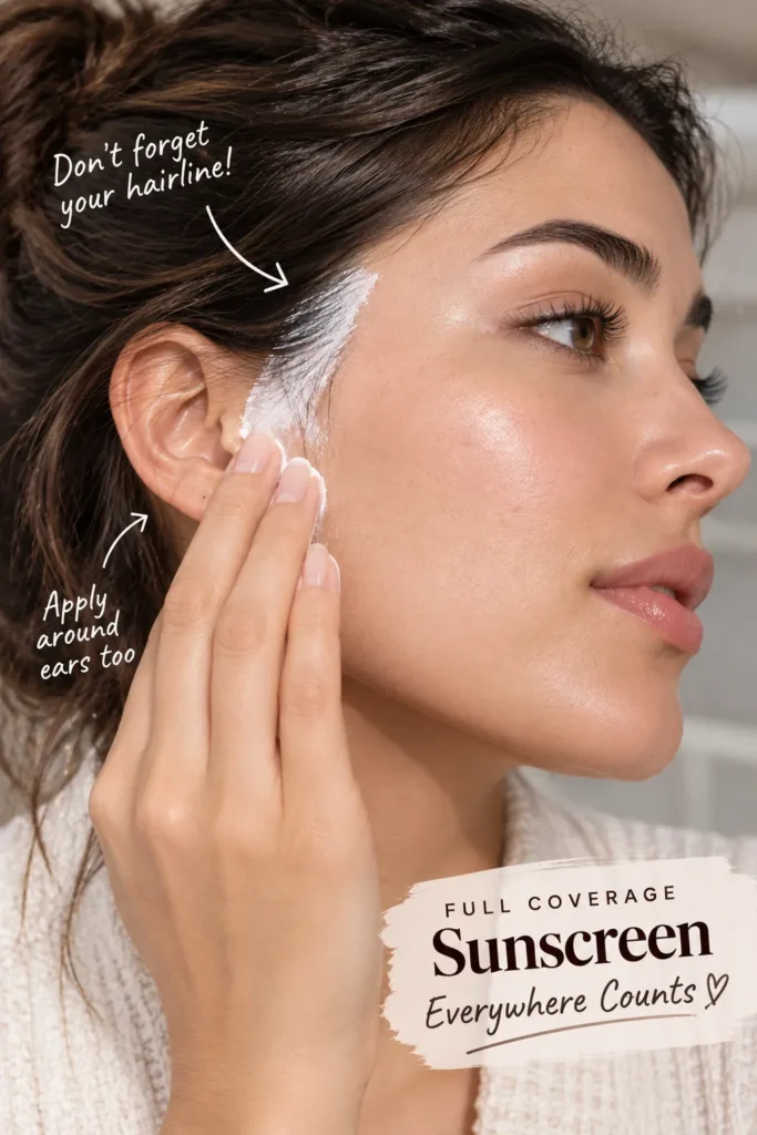 10 Physical Sunscreen Tips for Better Daily Skin Protection 9 "Close up of sunscreen being applied along the ear and hairline"