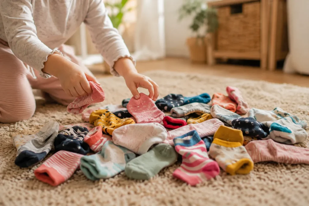 10 Play Time Ideas to Keep Kids Busy and Happy 2 Kids sock matching game with colorful mismatched socks on a rug