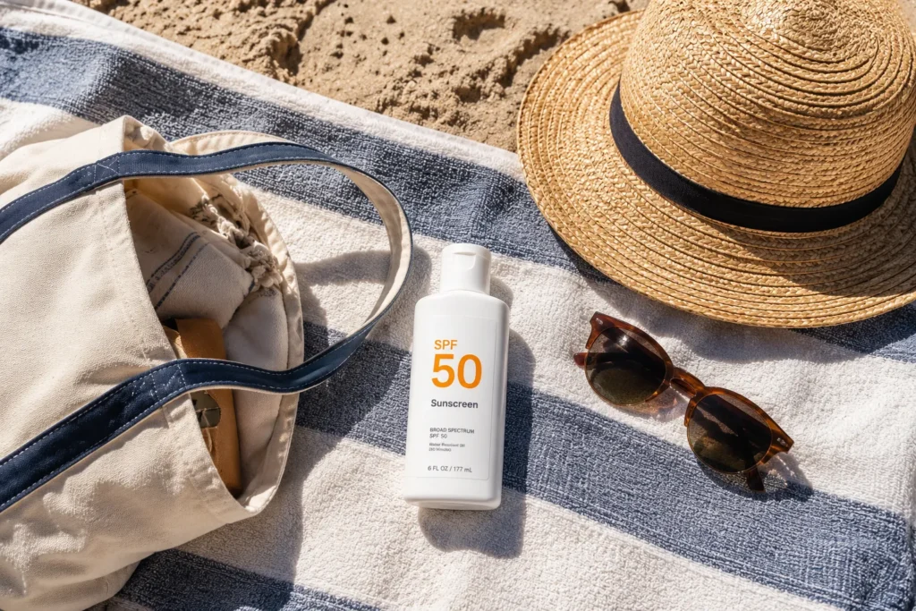 12 SPF 50 Sunscreens for Smooth and Protected Skin 6 Water resistant SPF 50 sunscreen packed for a beach day