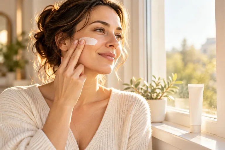 10 Acne Tips for Clearer-Looking Skin Every Day 5 Woman applying lightweight oil-free sunscreen to her cheek by a sunny window