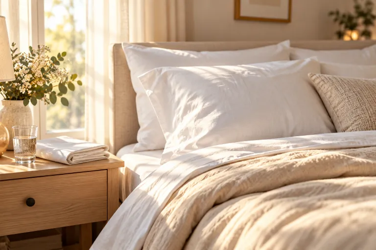 10 Acne Tips for Clearer-Looking Skin Every Day 7 Freshly made bed with clean white pillowcases and a folded spare pillowcase on the nightstand