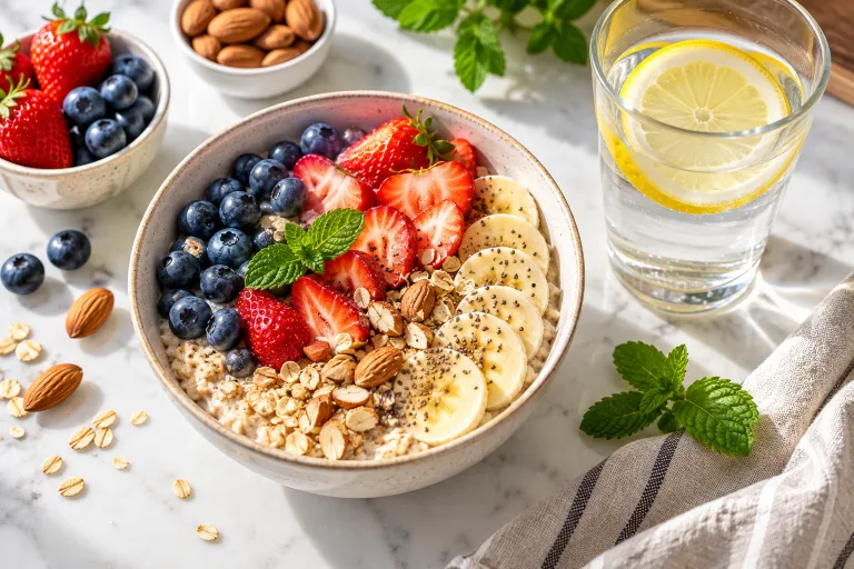10 Acne Tips for Clearer-Looking Skin Every Day 9 Colorful berry and oat breakfast bowl beside a glass of water for healthy skin