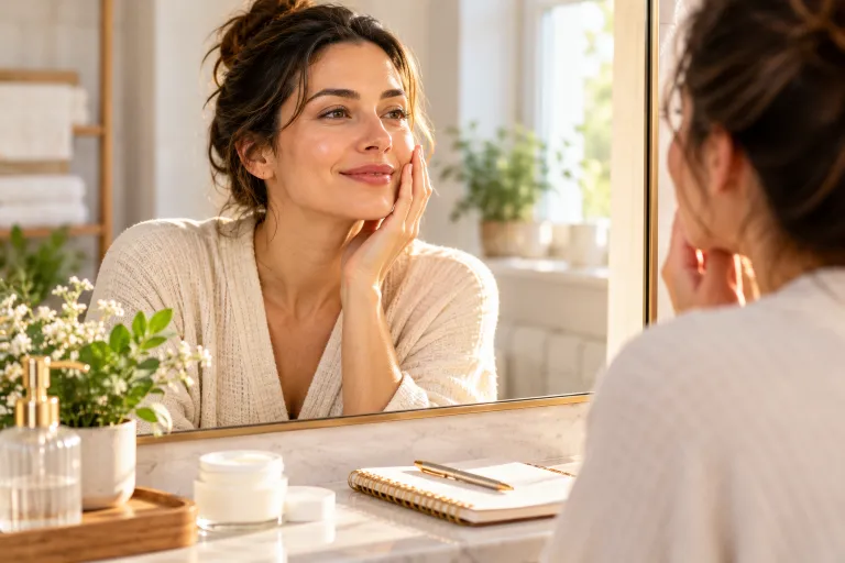 10 Acne Tips for Clearer-Looking Skin Every Day 11 Smiling woman looking at her reflection in a bathroom mirror with a notebook tracking skin progress