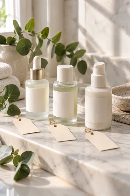 10 Acne Skin Tips for a Clearer, Smoother Look 3 Three simple unbranded skin care bottles on a marble shelf representing choosing one active ingredient for acne skin