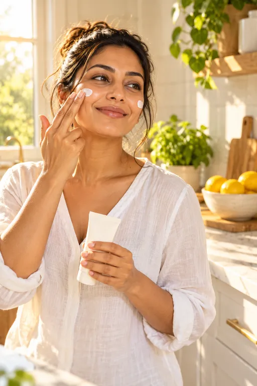 10 Acne Skin Tips for a Clearer, Smoother Look 5 Woman applying sunscreen to her cheeks in a sunny kitchen to protect acne skin and post-acne marks