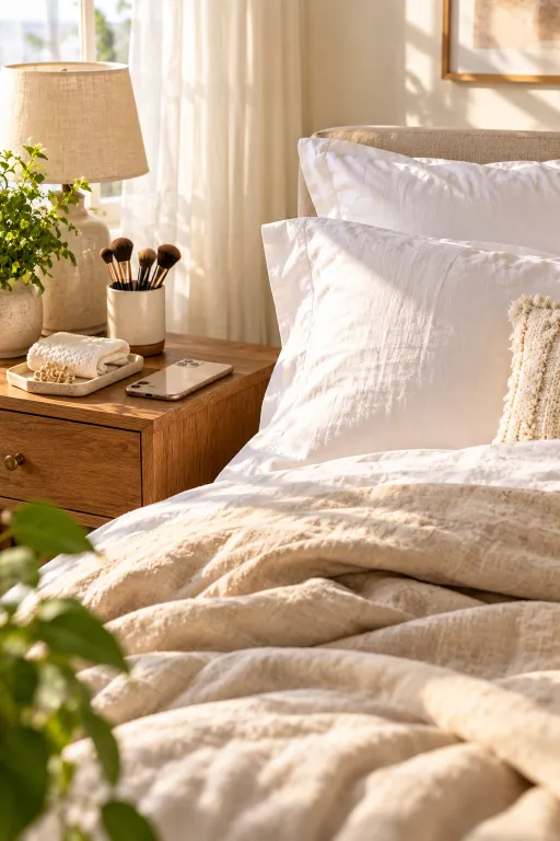 10 Acne Skin Tips for a Clearer, Smoother Look 7 Clean white cotton pillowcase, phone, and makeup brushes on a nightstand to help prevent acne breakouts
