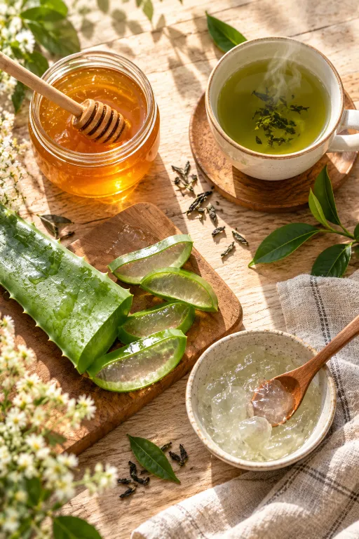 10 Acne Skin Tips for a Clearer, Smoother Look 9 Raw honey, fresh aloe vera leaf, and green tea on a wooden table as gentle natural helpers for acne skin