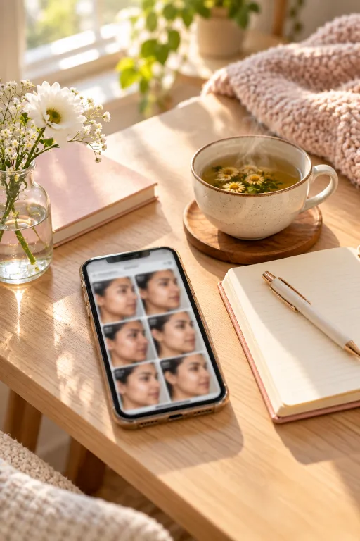 10 Acne Skin Tips for a Clearer, Smoother Look 11 Phone with skin progress photos beside a notebook and tea, tracking acne skin improvement over time