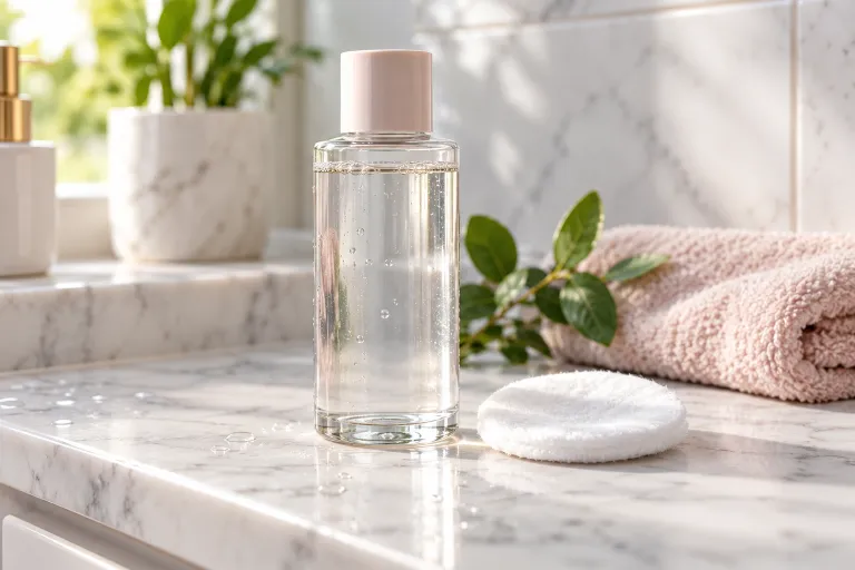 10 Acne Skincare Routine Tips for Clearer-Looking Skin 3 Clear bottle of salicylic acid toner with a cotton pad on a white marble bathroom shelf