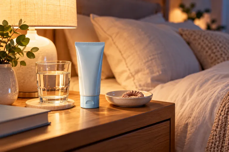 10 Acne Skincare Routine Tips for Clearer-Looking Skin 5 Retinoid tube on a cozy nightstand beside a glass of water for a nighttime acne skincare routine