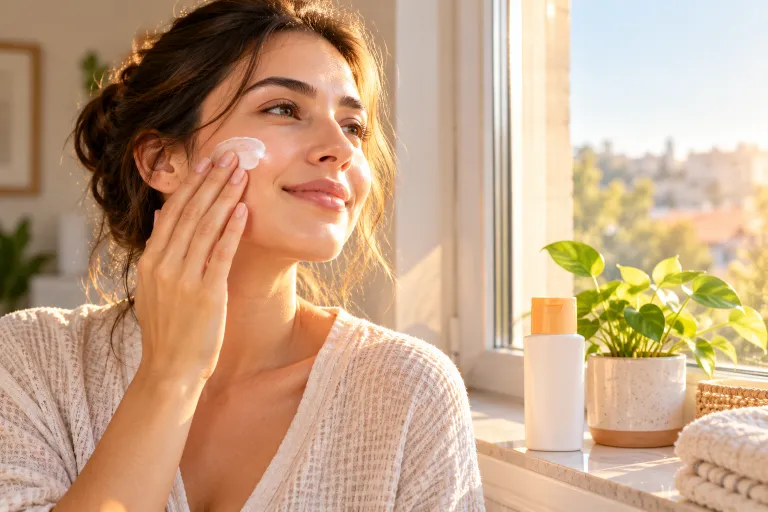 10 Acne Skincare Routine Tips for Clearer-Looking Skin 7 Woman applying oil-free sunscreen to her cheek in warm morning window light