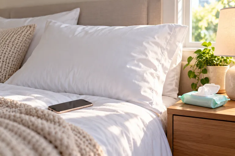 10 Acne Skincare Routine Tips for Clearer-Looking Skin 9 Fresh white pillowcase, phone, and disinfectant wipes for an acne-friendly daily routine