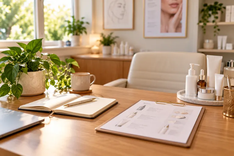 10 Acne Skincare Routine Tips for Clearer-Looking Skin 11 Welcoming dermatologist consultation desk with notebook, pen, and a list of skincare products