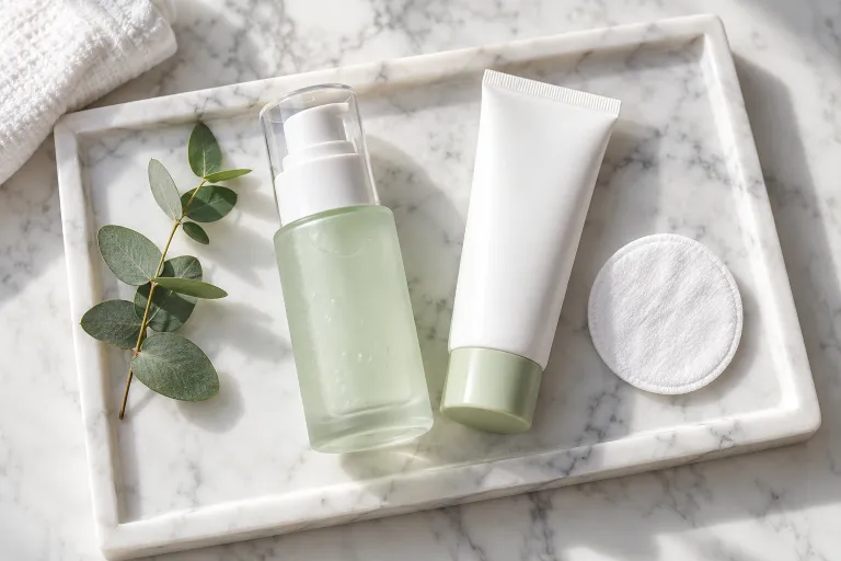 10 Acne Tips for Clearer-Looking Skin Every Day 3 Flat lay of gel moisturizer, sunscreen, and cotton pad on a marble tray for acne-prone skin